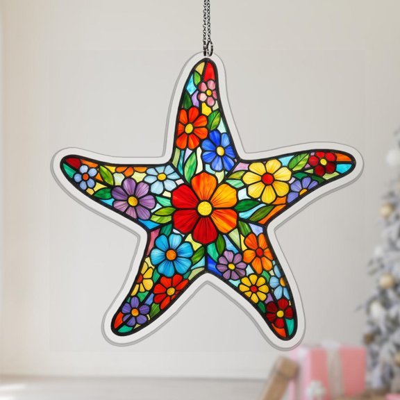 Starfish Acrylic Suncatcher Floral Pattern Window Hanging 2D Flat Ocean Theme Ornament