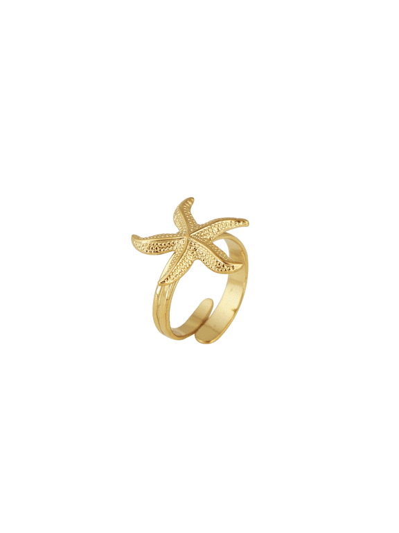 Starfish Adjustable Ring for Women, Gold Plated Stainless Steel Ocean Theme Jewelry Gift