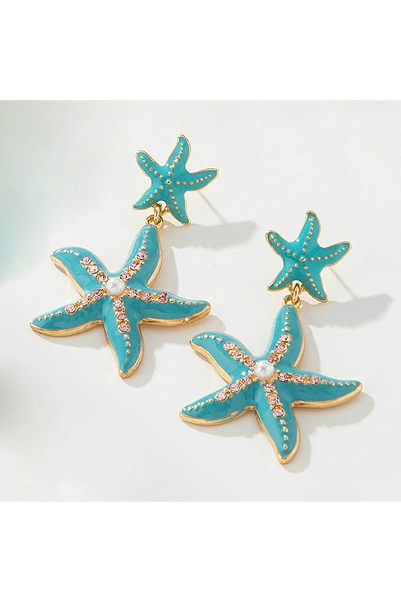Starfish Alloy Enamel Dangle Stud Earrings with Plastic Imitation Pearl Golden Dark Turquoise 63x39mm