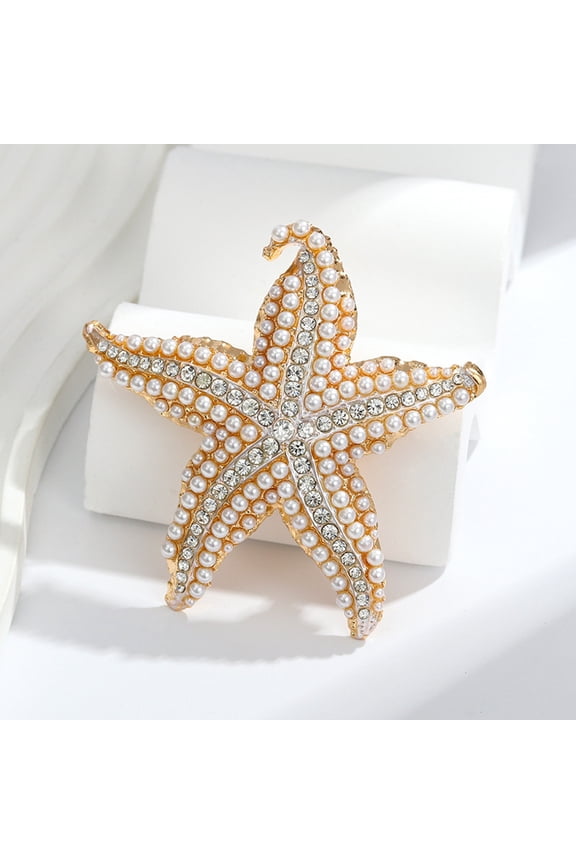 Starfish Alloy Rhinestone Lapel Pins for Backpack Clothes with Plastic Pearl Golden 68.5x68.5mm