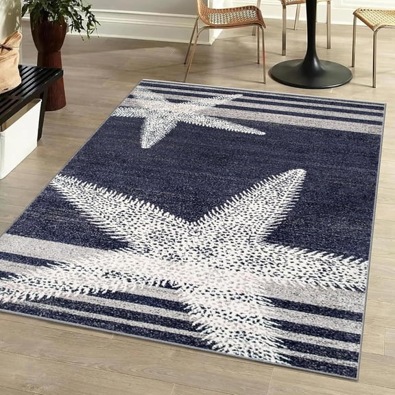 Starfish Area Rug 2x3, Coastal Nautical Floor Decor Small Machine Washable Foldable Throw Rugs Stain Resistant Non-Slip Distressed Carpet Living Room Dining Room Blue