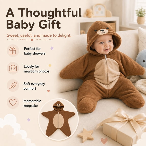 Starfish Baby Outfit, Animal Star Shape Flannel Romper for Baby 0-3 Months, Soft Warm Zip Jumpsuit, Cozy Sleepwear Playwear (Brown, 70cm(0-3months))