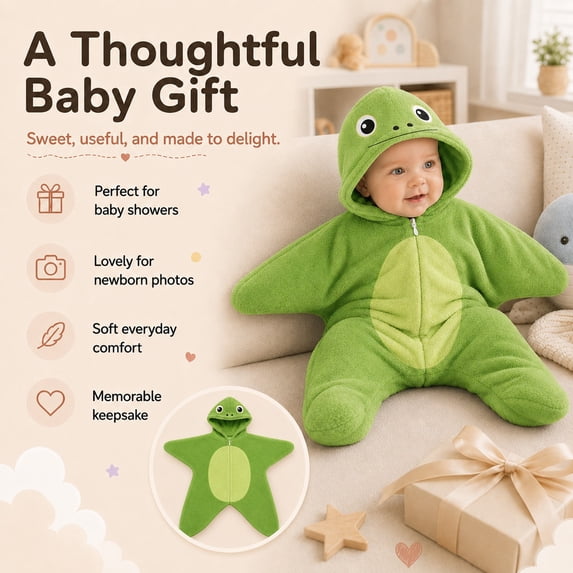 Starfish Baby Outfit, Animal Star Shape Flannel Romper for Baby 0-3 Months, Soft Warm Zip Jumpsuit, Cozy Sleepwear Playwear (Green, 70cm(0-3months))