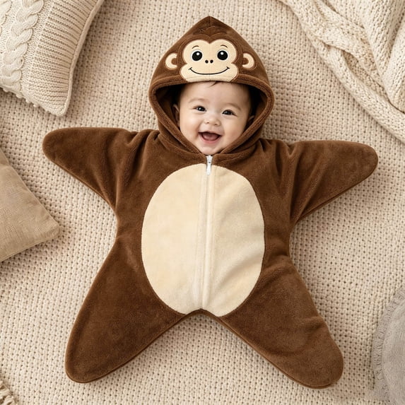 Starfish Baby Outfit, Animal Star Shape Flannel Romper for Baby 0-3 Months, Soft Warm Zip Jumpsuit, Cozy Sleepwear Playwear (Monkey, 70cm(0-3months))