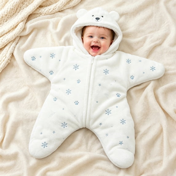Starfish Baby Outfit, Winter Snowflake Polar Bear Star Shape Flannel Romper for Baby, Soft Warm Zip Suit, Cozy Holiday Sleepwear (Polar Bear 1, 70cm(0-3months))