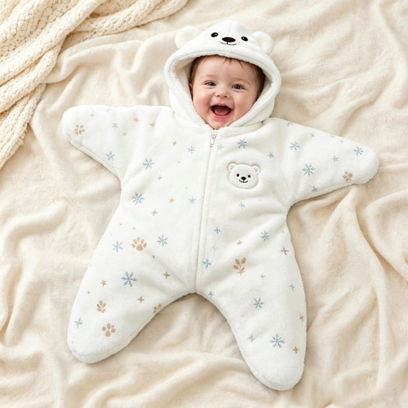 Starfish Baby Outfit, Winter Snowflake Polar Bear Star Shape Flannel Romper for Baby, Soft Warm Zip Suit, Cozy Holiday Sleepwear (Polar Bear 2, 70cm(0-3months))