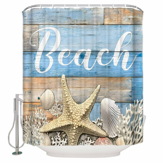Starfish Bathroom Shower Curtains with 12 Hooks Polyester Waterproof Shower Curtain for Stalls and Bathtubs Blue Brown Ocean Shell Coral Farmhouse Decorative Bathroom Privacy Curtain 72x72 Inches