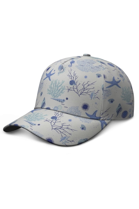 Starfish Beach Baseball Cap – Vintage Nautical Dad Hat with Coral Seashells Fish and Tropical Sea Creatures Print, Summer Ocean Marine Cap for Men Women Outdoor Coastal Wear