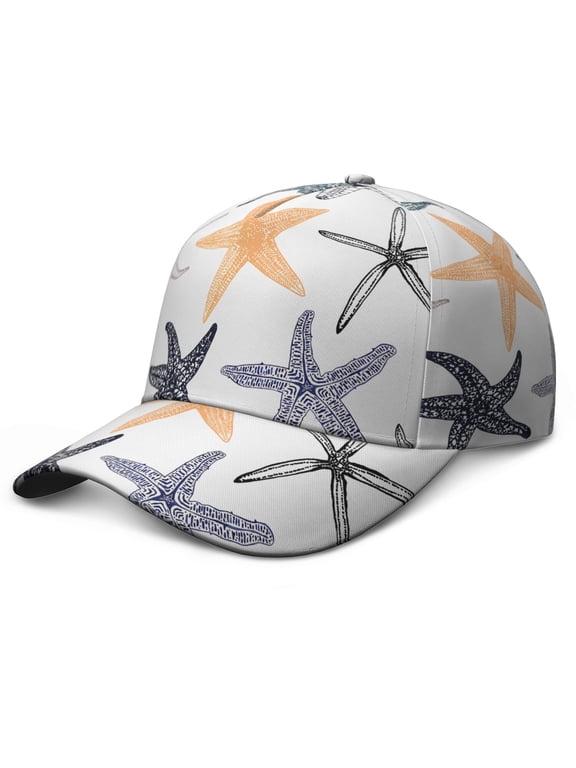 Starfish Beach Baseball Cap – Vintage Nautical Dad Hat with Coral Seashells Fish and Tropical Sea Creatures Print, Summer Ocean Marine Cap for Men Women Outdoor Coastal Wear