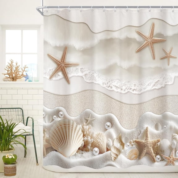 Starfish Beach Coastal Shower Curtain Beige White Ocean Seashells Conch Pearl Coral Seacoast Sand Sea Waves Bathroom Curtain Set Modern Bath Bathroom Accessories Decor-72"W x 72"L (Pack of 1)
