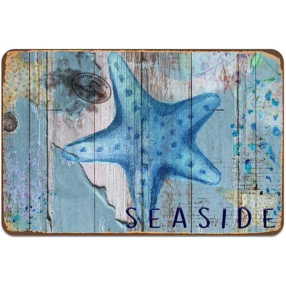 Starfish Beach House Metal Tin Sign Wall Decor, 8 x 12 Inch Seaside Summer Hanging Plaque for Kitchen or Home