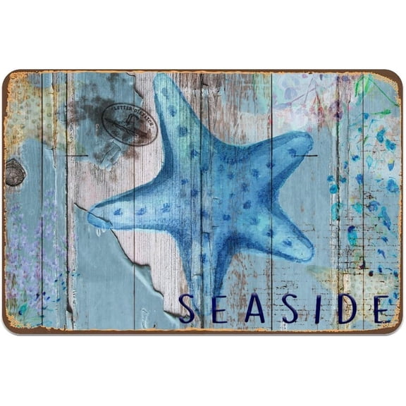 Starfish Beach House Metal Tin Sign Wall Decor, 8 x 12 Inch Seaside Summer Hanging Plaque for Kitchen or Home