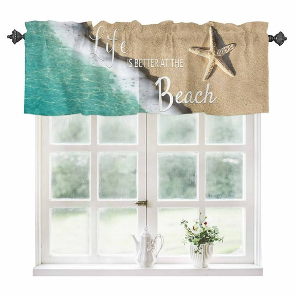 Starfish Beach Kitchen Valances for Windows 42x12 Inch Kitchen Curtains Valances Rod Pocket Ocean Turquoise Wave Brown Sand Summer Bathroom Window Valances for Window Treatment Decor