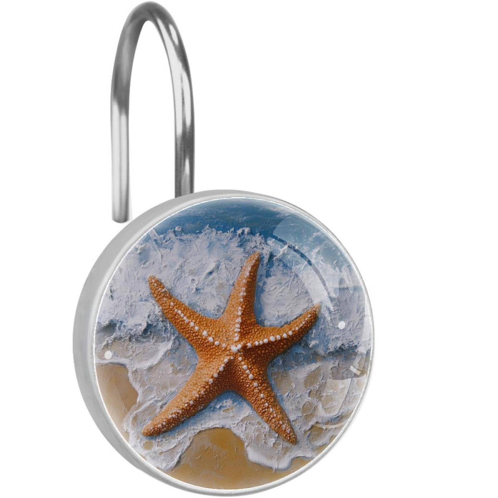 Starfish Beach Painting Shower Curtain Hooks Round Crystal Glass, Set of 12 Shower Curtain Rings - Shower Hooks for Curtain Shower Rings