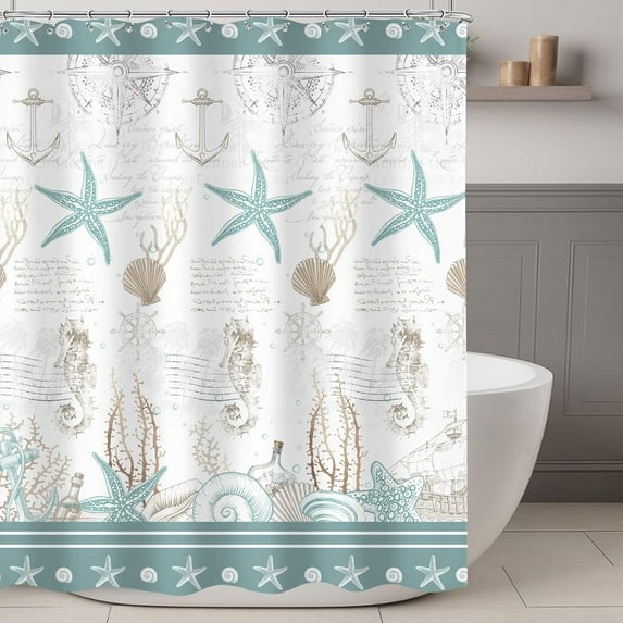 Starfish Beach Theme Shower Curtain 72Wx72H Inch Seashells Nautical Kids Bathroom Set Coral Coastal Sea Horse Vintage Green Retro Anchor Ocean with 12 Hooks Fabric Waterproof Accessories Decor