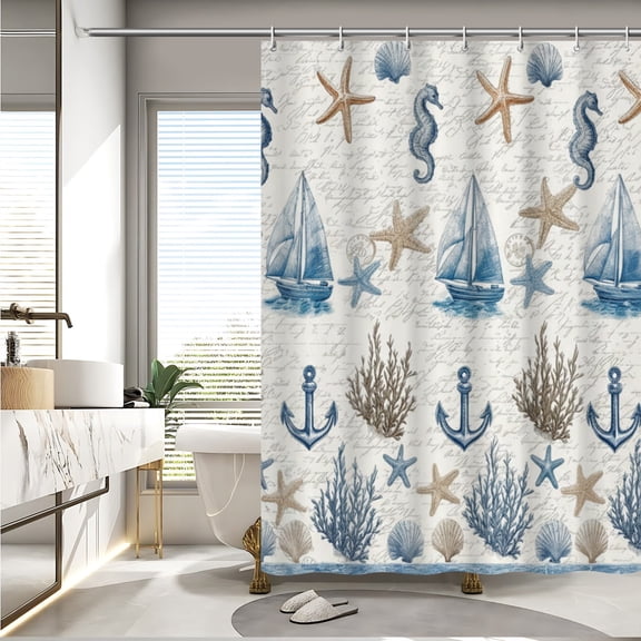 Starfish Beach Theme Shower Curtain Fabric Tropical Sea Waves Seashell Conch Hawaiian Seaside Scene, Ocean View Cloth Shower Curtains with Hooks for Home Hotel Decor
