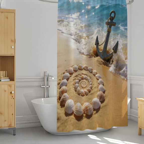 Starfish Beach Theme Shower Curtain Fabric Tropical Sea Waves Seashell Conch Hawaiian Seaside Scene, Ocean View Cloth Shower Curtains with Hooks for Home Hotel Decor