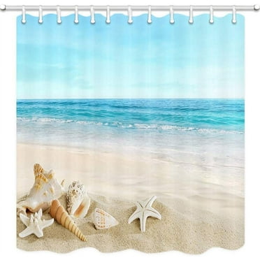 Starfish Beach Theme Shower Curtain Fabric, Tropical Sea Waves Seashell Conch Hawaiian Seaside Scene, Ocean View Cloth Shower Curtains No Smell with 12 Rustproof Grommet Holes, 72x72 Inches