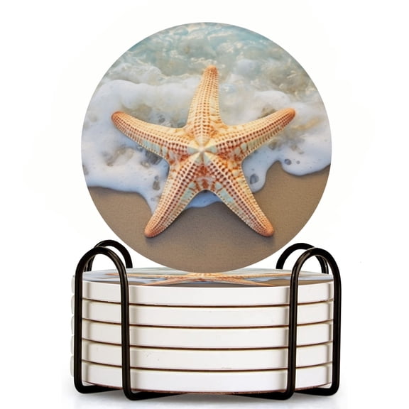 Starfish On The Beach With Waves Set of 6 Ceramic Coasters with Holder, Absorbent Drink Bar Coasters, Table Coasters for Living Room Decor Tabletop Protection