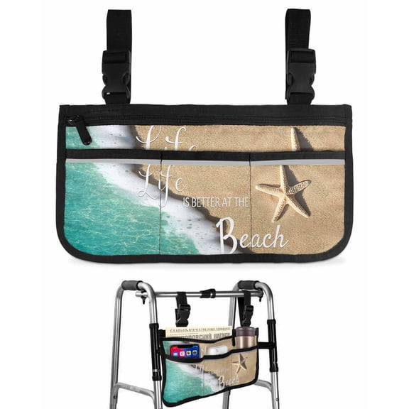 Starfish Beach Wheelchair Bag with Cup Holder Walker Bag with Reflective Stripes for Seniors Wheel Chair Accessories for Adults Ocean Turquoise Wave Brown Sand Summer Wheelchair Side Bags
