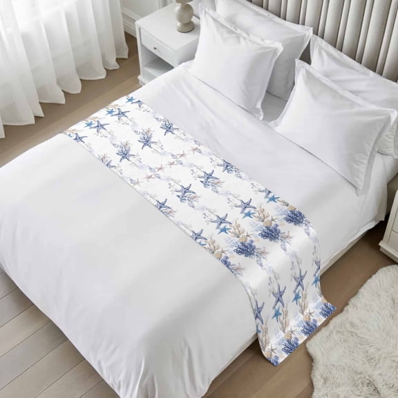 Starfish Bed Runner, Satin Bed Throw Runner for Twin Size Beds, Blue Ocean Coastal Coral Shell Nautical Boat Decorative Bedding Dresser Scarf for Foot of Beds Sofa Cabinet End Table 71"x20"