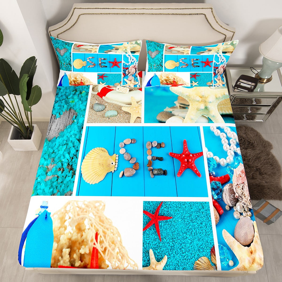 Starfish Bed Sheets Beaches Bedding Set for Women Adults Boys,Blue ...