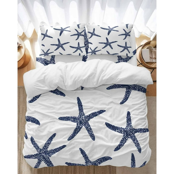 Starfish Bedding Duvet Cover Set Full Size 4 Pieces Ocean Coastal Blue Soft Twill Plush Quilt Cover, Include 1 Duvet Cover 1 Flat Sheet And 2 Pillow