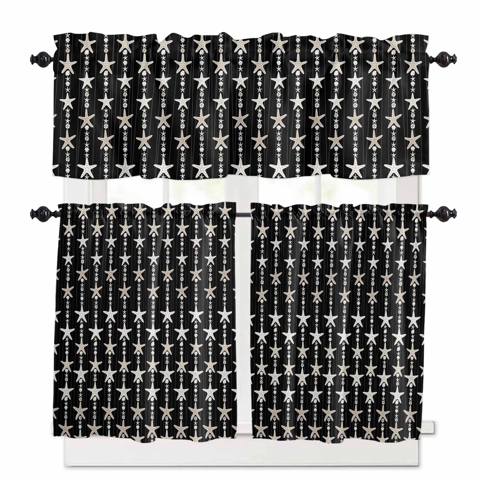 Starfish Black Kitchen Curtains Set for Windows 3 Pieces,36 Inch Length ...