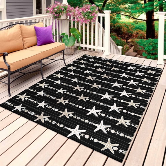 Starfish Black Outdoor Rug for Patio/Deck/Porch, Non-Slip Large Area Rug 5 x 7 Ft, Coastal Ocean Summer Sea Beach Indoor Outdoor Rugs Washable Area Rugs, Reversible Camping Rug Carpet Runner
