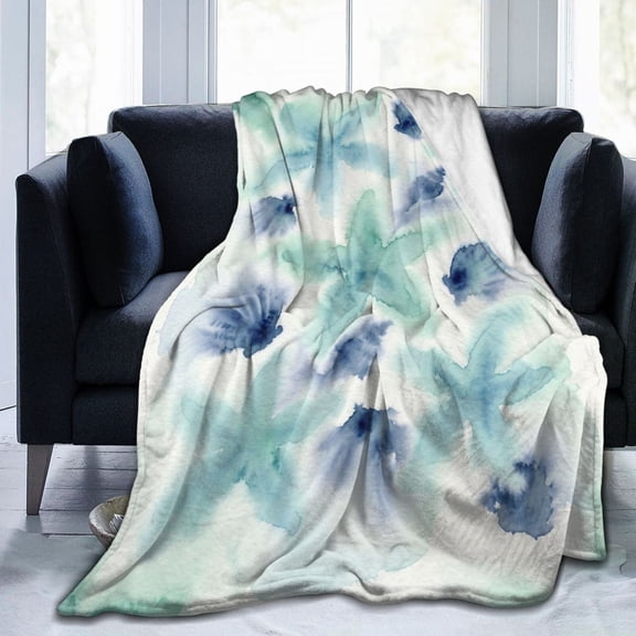 Starfish Blanket, Coastal Flannel Throw Blanket with Blue Seashell and Starfish Design, Soft Warm Lightweight Blanket for Couch, Sofa, Bed, Beach House Decor 50x40