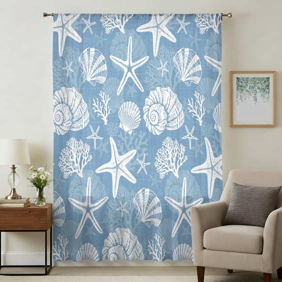 Starfish Blue Coastal Sheer Curtains 108 Inches Extra Long, Summer Nautical Shell Beach Light Filering Curtains, Privacy Drapes Simi Floor to Veiling Curtain for Living Room Bedroom Window Treatment