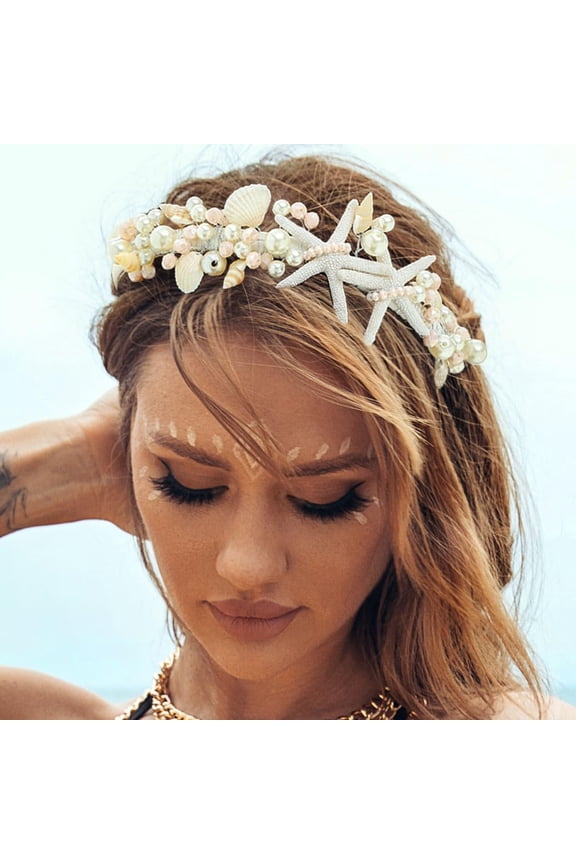 Starfish Bride Wedding Headband Silver Pearl Seashell Headpiece Beach Bridal Hair Accessories for Women and Girls