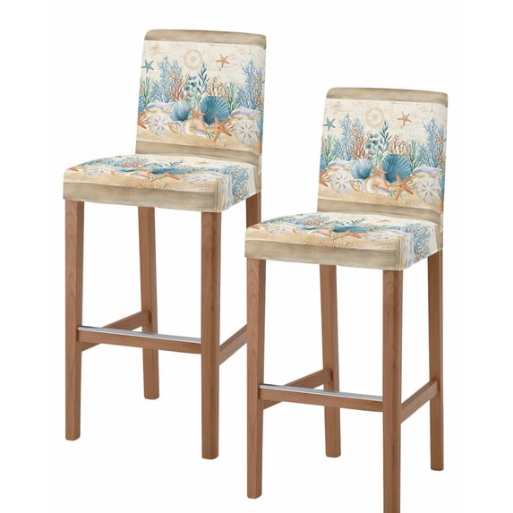 Starfish Coastal Bar Stool Covers Set of 2, Summer Ocean Coral Conch Seagrass Vintage Brown Stretch Bar Chair Covers with Backs, Removable Pub Counter Height Chair Cover for Kitchen Dining Room Cafe