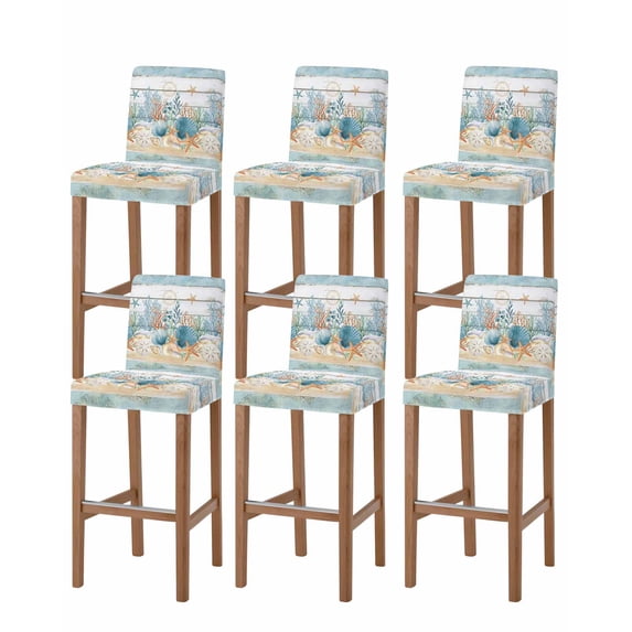 Starfish Coastal Bar Stool Covers Set of 6, Summer Ocean Blue Coral Conch Seagrass Stretch Washable Bar Chair Covers with Backs, Removable Pub Counter Height Chair Cover for Kitchen Dining Room Cafe