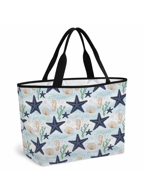 Starfish Coastal Beach Bag for Women, Large Breathable Mesh Beach Tote Bag, Seahorse Conch Blue Ombre Sandproof Lightweight Travel Bags for Vacation Picnic Swimming Pool 15.7"x15.7"x9.1"