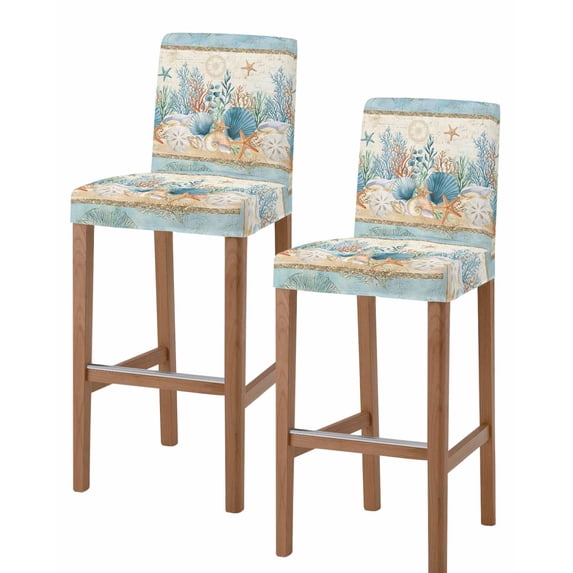 Starfish Coastal Blue Bar Stool Covers Set of 2, Summer Ocean Coral Conch Vintage Stretch Washable Bar Chair Covers with Backs, Removable Pub Counter Height Chair Cover for Kitchen Dining Room Cafe
