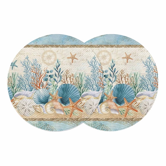 Starfish Coastal Blue Round 13 Inch Placemats Set of 2, Summer Ocean Coral Conch Vintage HeatResistant Non Slip Place Mats for Dining Table, Wipeable Braided Kitchen Table Mats for Housewarming