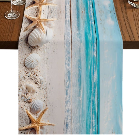 Starfish Coastal Burlap Cotton Table Runner 13x36 Inches Short, Waves Conch Shells Wooden Summer Beach Farmhouse Table Runners, Outdoor Dining Table Decor for Baby Shower/Party/Wedding