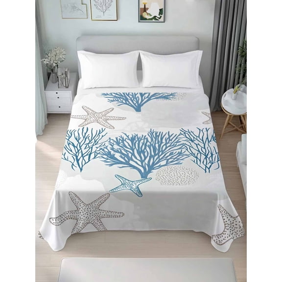 Starfish Coastal California King Size Flat Sheet, Wrinkleproof & Fadeproof Cooling Flat Bed Sheet Only, Nautical Summer Beach Coral Breathable Soft Bedding Top Sheets 108 x 98 Inches