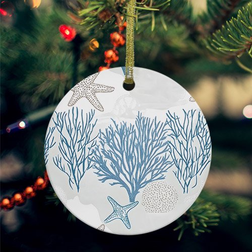 Starfish Coastal Ceramic Ornaments, Nautical Summer Beach Coral Round Porcelain Hanging Ornaments with Gold String, Xmas Decorations Keepsake Gifts for Holiday Home Party 3''