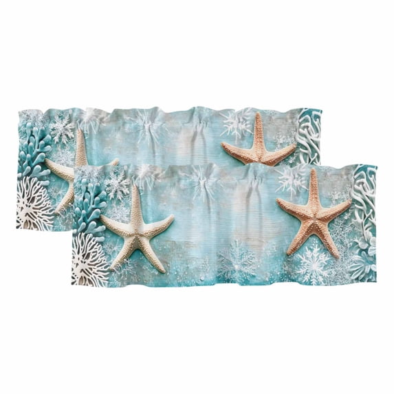 Starfish Coastal Curtain Valances for Windows, Kitchen Valance Window Treatments Panel 2 Pack, Teal Vintage Ocean Rod Pocket Short Curtains for Bathroom Bedroom 54 x 18 Inch