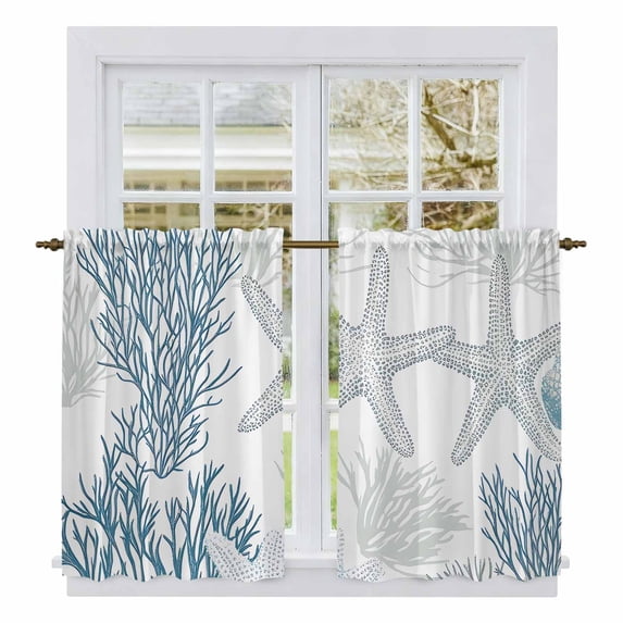 Starfish Coastal Kitchen Curtains, Nautical Ocean Summer Beach Coral Light Filtering Window Curtain Panels, 2Pcs Rod Pocket Window Treatments Set for Study Room Bathroom Bedroom 52x54 Inches