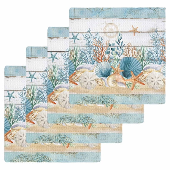 Starfish Coastal Kitchen Dish Towels for Drying Dishes Set of 4, Summer Ocean Blue Coral Conch Seagrass Waffle Weave Microfiber Hand Tea Bathroom Towels Quick Dry & Absorbent Towel 12x12