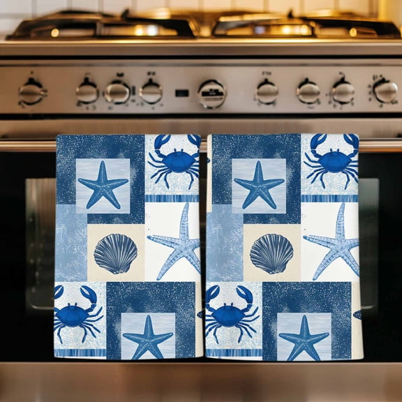 Starfish Coastal Kitchen Towels Set of 1, Blue Shell Crab Nautical Summer Beach Ocean Absorbent Dish Towels for Kitchen, Microfiber Hand Towel, Quick Drying Tea Towel for Cleaning Dishcloths