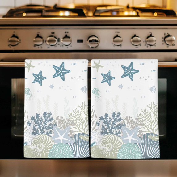 Starfish Coastal Kitchen Towels Set of 1, Nautical Summer Beach Coral Shell Seaside Absorbent Dish Towels for Kitchen, Microfiber Hand Towel, Quick Drying Tea Towel for Cleaning Decorative Dishcloths