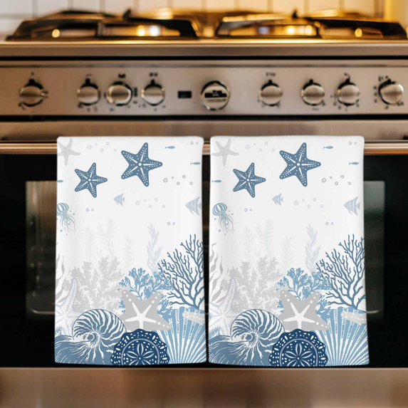 Starfish Coastal Kitchen Towels Set of 2, Nautical Summer Beach Coral Shell Absorbent Dish Towels for Kitchen, Microfiber Hand Towel, Quick Drying Tea Towel for Cleaning Decorative Dishcloths