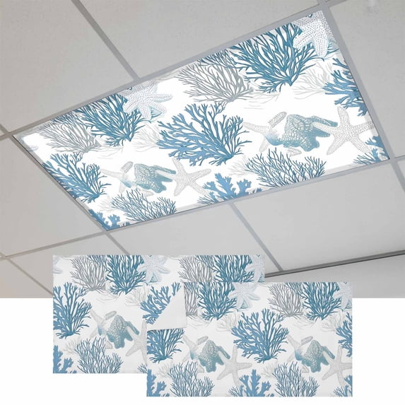 Starfish Coastal Magnetic Fluorescent Light Covers for Ceiling Lights 2x4Ft, Nautical Ocean Summer Beach Coral Office Classroom Kitchen Drop Ceiling Light Covers Lighting Filters Shade Panel 2 Packs