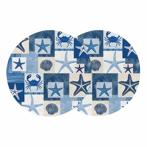 Starfish Coastal Round 13 Inch Placemats Set of 2, Blue Shell Crab Nautical Summer Beach Ocean HeatResistant Non Slip Place Mats for Dining Table, Wipeable Braided Kitchen Table Mats for Housewarming