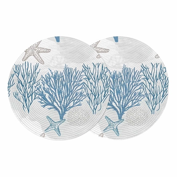 Starfish Coastal Round 13 Inch Placemats Set of 2, Nautical Summer Beach Coral HeatResistant Non Slip Place Mats for Dining Table, Wipeable Braided Kitchen Table Mats for Housewarming
