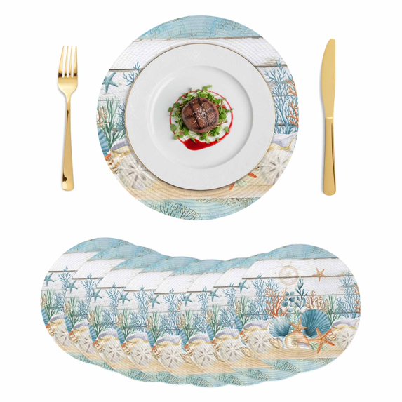 Starfish Coastal Round 13 Inch Placemats Set of 8, Summer Ocean Blue Coral Conch Seagrass HeatResistant Non Slip Place Mats for Dining Table, Wipeable Braided Kitchen Table Mats for Housewarming